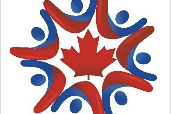 Red maple leaf framed by a blue and red logo.