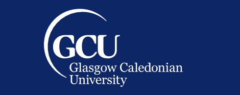 Dark blue background, with "GCU" in large letters and a partial circle surrounding it, in white writing. "Glasgow Caledonian University" is written underneath.