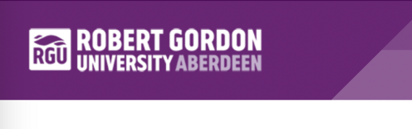"RGU" written in square logo on the far left, on a purple background, with "Robert Gordon University Aberdeen" written in white writing next to it.