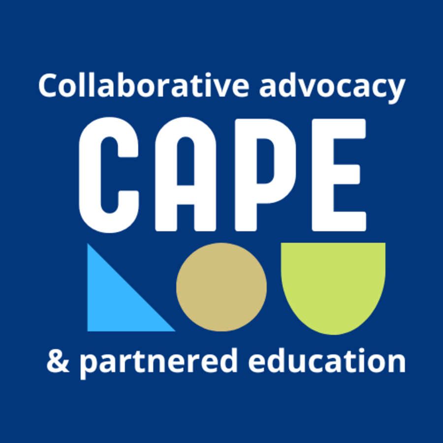 logo for Collaborative Advocacy & Partnered Education (CAPE), with a light blue triangle, light brown circle, and bright green half-oval.